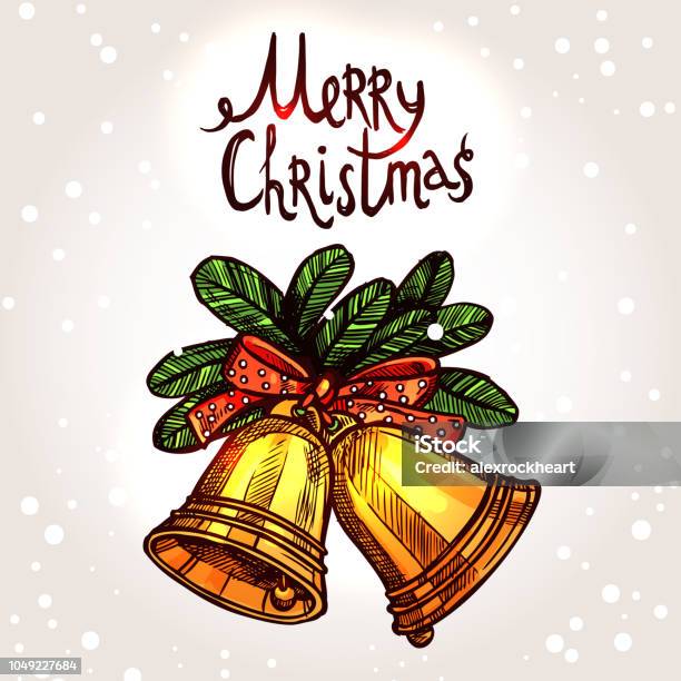 Christmas Card With Hand Drawn Golden Bells Stock Illustration - Download Image Now - Art, Bell, Calligraphy