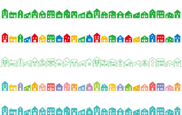 cityscape with colorful houses. set of various colorful houses. cityscape borders stock illustrations