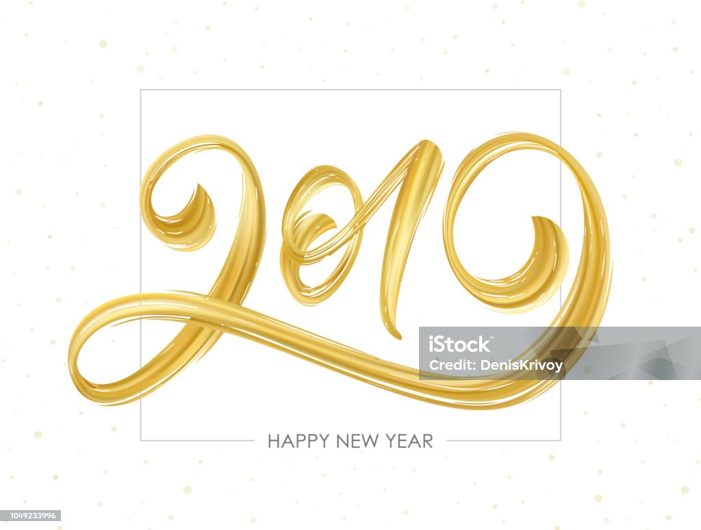 Vector illustration: Handwritten brush stroke golden acrylic paint lettering of 2019. Happy New Year. Vector illustration: Handwritten brush stroke golden acrylic paint lettering of 2019. Happy New Year 2019 stock vector