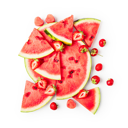 Sliced watermelon and strawberry isolated on white background clipping path included, design element. Top view, flat lay
