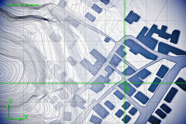 istock Imaginary cadastral map of territory with buildings and roads drawn with a CAD (Computer-Aided-Design) computer software in dwg format file 1049258418