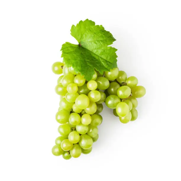 Green grape with leaves isolated on white background clipping path included, design element. Top view, flat lay