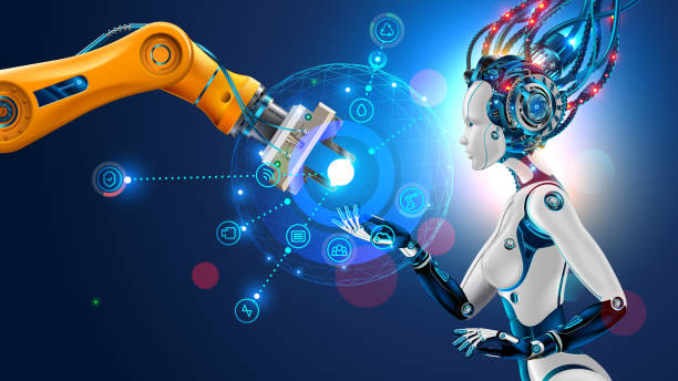 istock Robot with artificial intelligence takes control of factory. Robotic arm. AI. management of industrial automation of manufacturing. 1049267678