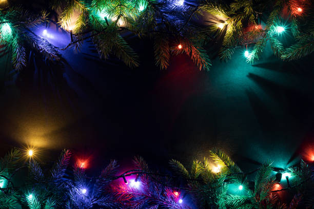 istock Black background with Christmas lights  and fir branches 1049270118