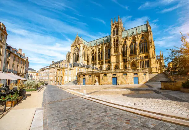 Street view on the central square with famous cathedral in Metz city in Lorraine region of France