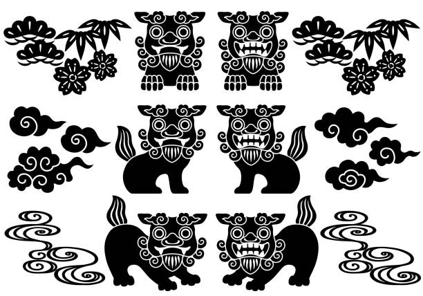Set of Okinawa illustrations. Okinawa house of guardian angel "Shisa" Okinawa is the southernmost prefecture of Japan. japanese angel stock illustrations