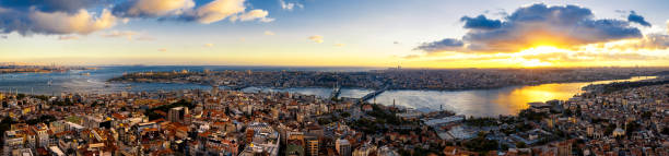 Aerial view of Istanbul at sunset, Turkey(Panorama XXL) Istanbul, City, Cityscape, Dusk, Europe, Sofia, Asia bosphorus stock pictures, royalty-free photos & images