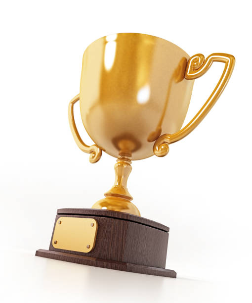 istock Gold winner cup on a pedestal, golden first place prize 1049295504