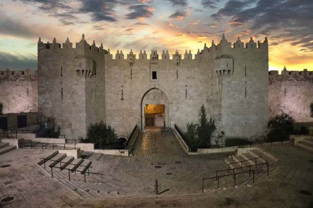 Jerusalem old city Damascus Gate aerial view sunset