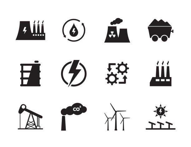 ilustraciones, imágenes clip art, dibujos animados e iconos de stock de conjunto de iconos de energía y de la industria - nuclear power station
