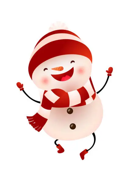 Vector illustration of Happy snowman in cap and scarf jumping vector illustration