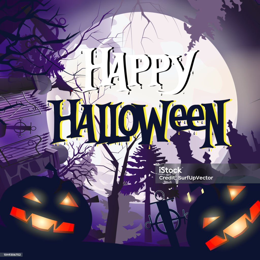 Happy Halloween banner design with illuminated jack-o-lanterns Happy Halloween banner design with illuminated jack-o-lanterns on mystic forest background. Lettering can be used for invitations, signs, announcements Art stock vector