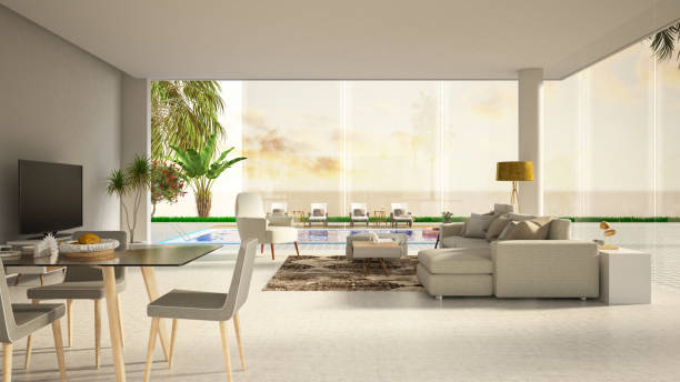 istock Modern Living Room with Sunset View 1049311416
