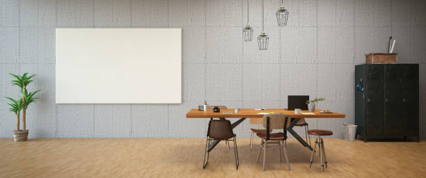Cozy Office in an Industrial Interior and Empty Frame. Panoramic
