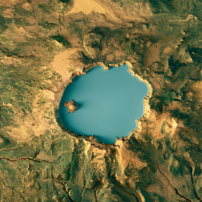 3D Render of a Topographic Map of the Area around Crater Lake, Klamath County, Oregon.
All source data is in the public domain.
Color texture: U.S. Geological Survey, US Topo
https://viewer.nationalmap.gov/basic/?basemap=b1&category=ustopo&title=US%20Topo%20Download
Relief texture: SRTM data courtesy of USGS. URL of source image: 
https://e4ftl01.cr.usgs.gov//MODV6_Dal_D/SRTM/SRTMGL1.003/2000.02.11/
Water texture: 
USGS The National Map: National Hydrography Dataset (NHD):
https://nationalmap.gov/hydro.html