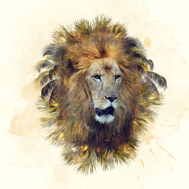 istock Double exposure of lion head and palm trees 1049321002