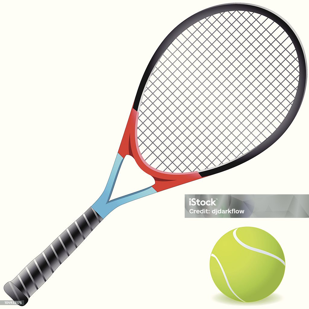 An orange and blue tennis racket with a tennis ball Tennis racket and tennis ball generated with Illustrator isolated on white Tennis Racket stock vector