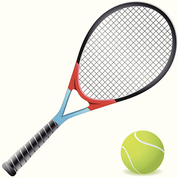 An orange and blue tennis racket with a tennis ball Tennis racket and tennis ball generated with Illustrator isolated on white racket stock illustrations