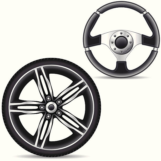 steering wheel and car alloy rim vector art illustration