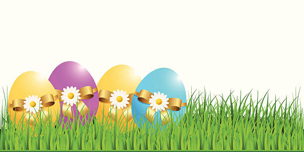 easter eggs on green grass vector art illustration