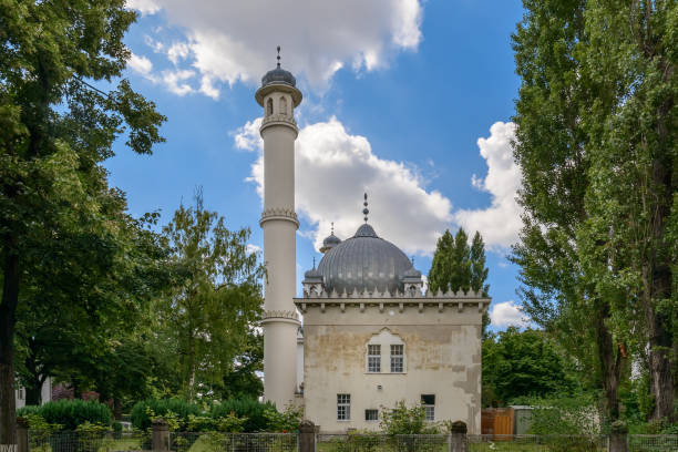East side of the oriental Wilmersdorf Mosque in Berlin, modeled after the Taj Mahal in Ottoman style stock photo