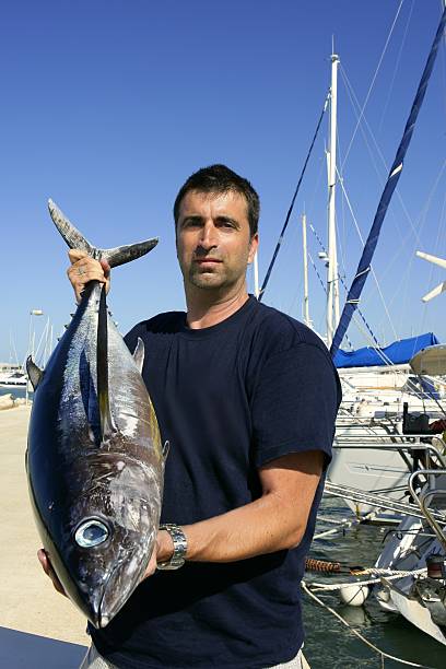 pescatore pesca d'altura alalonga sul mediterraneo - pesca daltura foto e immagini stock