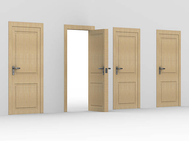 istock wooden open door. 3D image. home interior 104932822