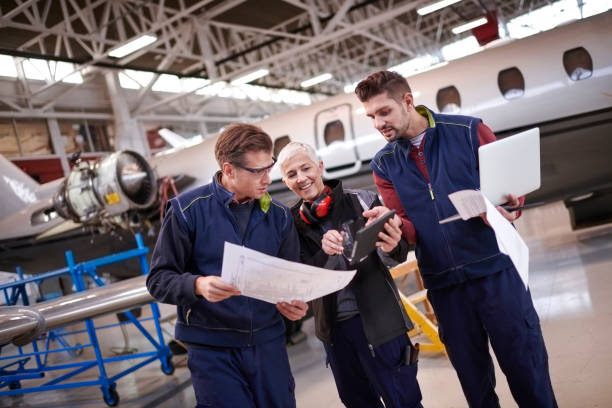 istock Aircraft mechanics in the hangar 1049331606