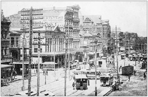 Antique photograph: Canal Street, New Orleans, USA Antique photograph: Canal Street, New Orleans, USA cable car photos stock illustrations
