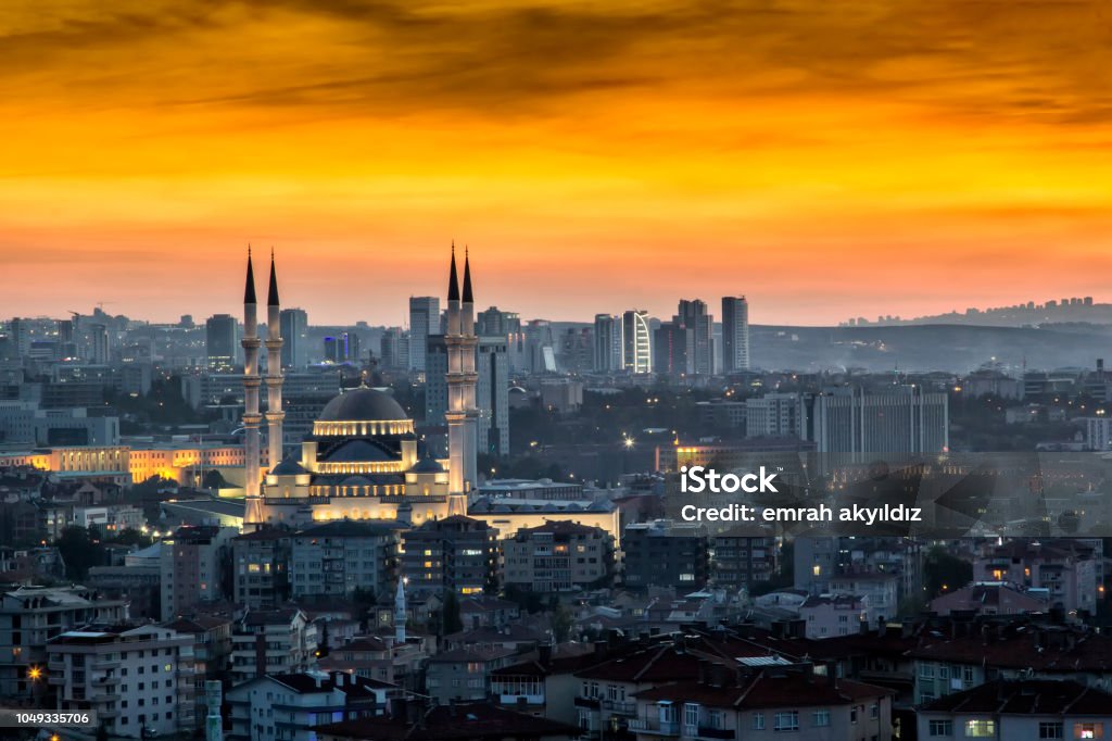 Landscape of Ankara at sunset. Landscape of Ankara at sunset. Kocatepe mosque is on foreground.Eskisehir road and high buildings are on background. Ankara - Turkey Stock Photo