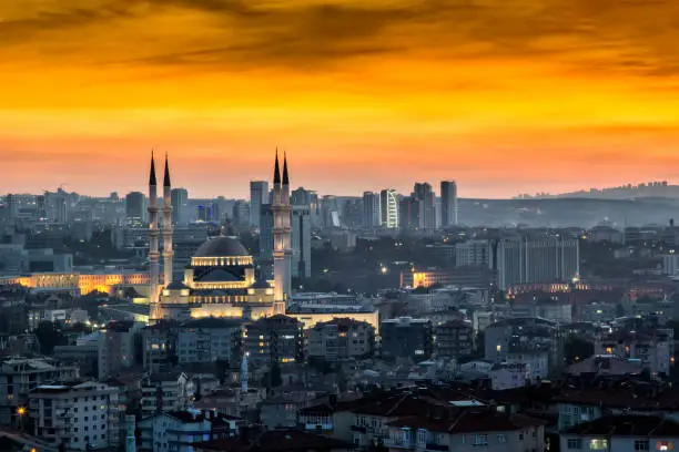 Landscape of Ankara at sunset. Kocatepe mosque is on foreground.Eskisehir road and high buildings are on background.