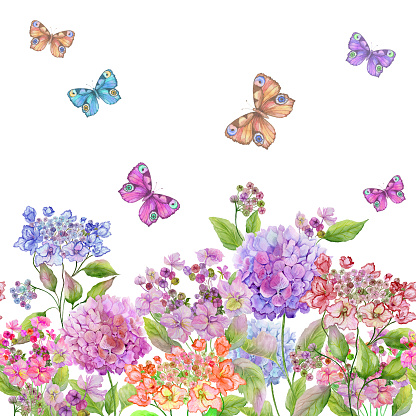Beautiful soft hydrangea flowers and colorful butterflies on white background. Square template. Seamless floral pattern. Watercolor painting. Hand painted summer illustration.