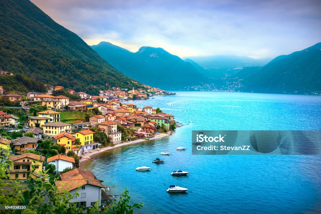 Lezzeno village, Como Lake district landscape. Italy, Europe. Lezzeno in Como lake district. Italian traditional lake village. Italy, Europe. Como - Italy Stock Photo