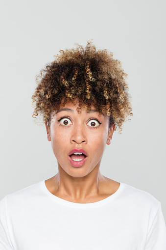 Close up portrait of shocked afro american woman on grey background. African female with shocked facial expression.