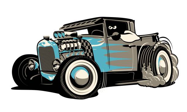 kreskówka retro hot rod izolowane na białym tle - engine obsolete old retro revival stock illustrations