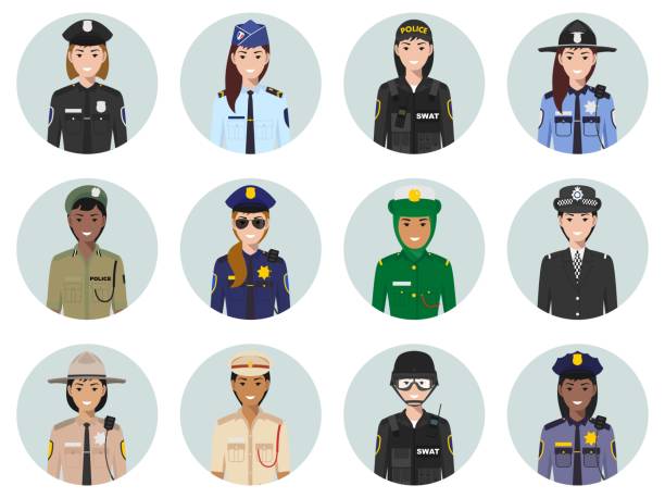 International police concept. Different policeman characters avatars icons set in flat style. Illustrations of sheriff, gendarme and policewoman. Vector illustration. Set of colorful police different countries flat style icons: sheriff, gendarme, policeman, policewoman. Vector illustration. whitehall street stock illustrations
