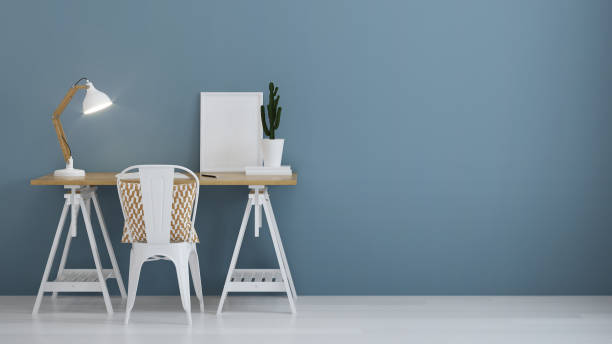 istock Interior of home workplace. Blue wall. 3D rendering. 1049346864