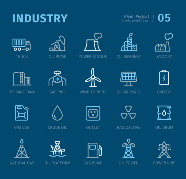 ilustraciones, imágenes clip art, dibujos animados e iconos de stock de industria - iconos de contorno con subtítulos - oil drum fuel storage tank barrel container