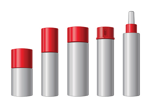 Different red and white cosmetic containers, varying in size