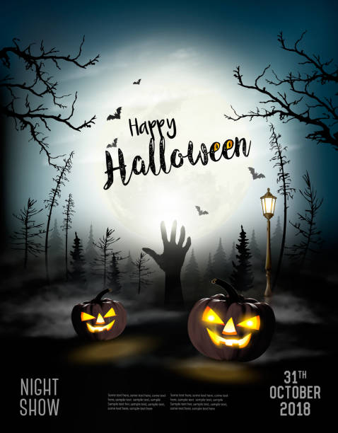 Holiday Halloween Spooky background with pumpkins and hand. Vector Holiday Halloween Spooky background with pumpkins and hand. Vector moon borders stock illustrations