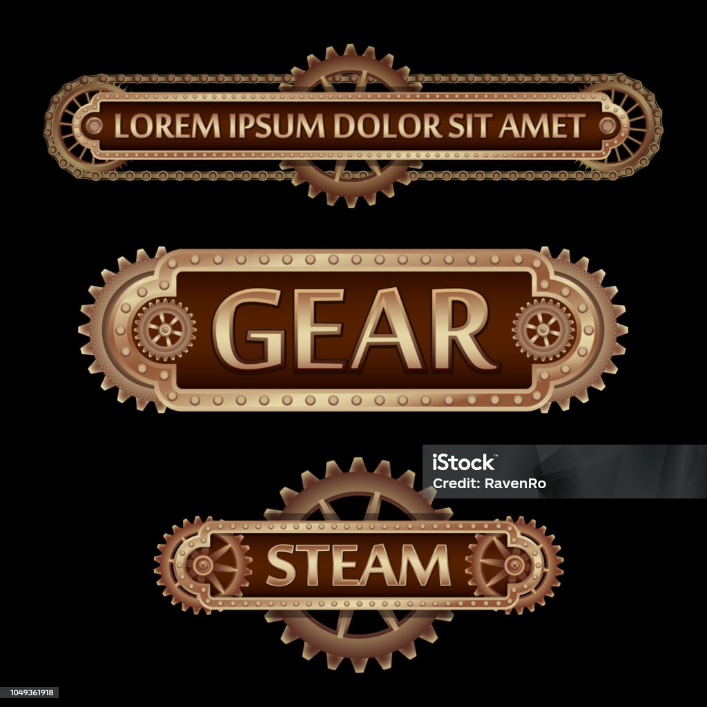 Mechanical banner. Mechanical banner decorated with brass gears and rivets on a black Steampunk background. Steampunk stock vector