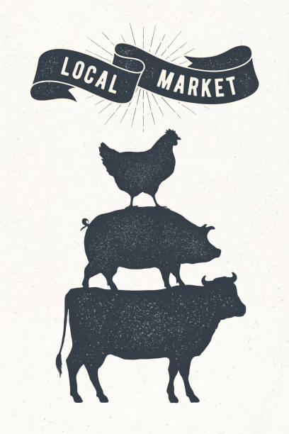 Poster for local market. Cow, pig, hen stand on each other Poster for local market. Cow, pig, hen stand on each other. Vintage label, retro print for butchery, meat shop with typography, animal silhouette. Group of farm animals for label. Vector Illustration meat silhouettes stock illustrations