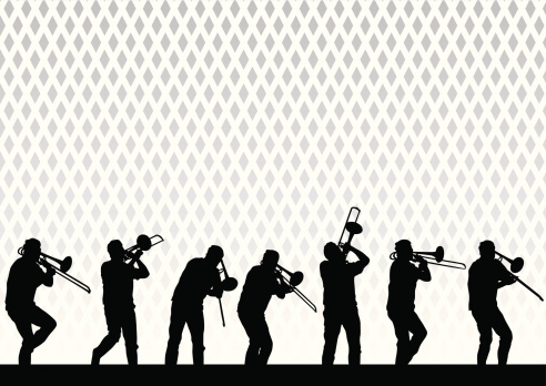 Vector drawing artist with a trombone on stage during a performance