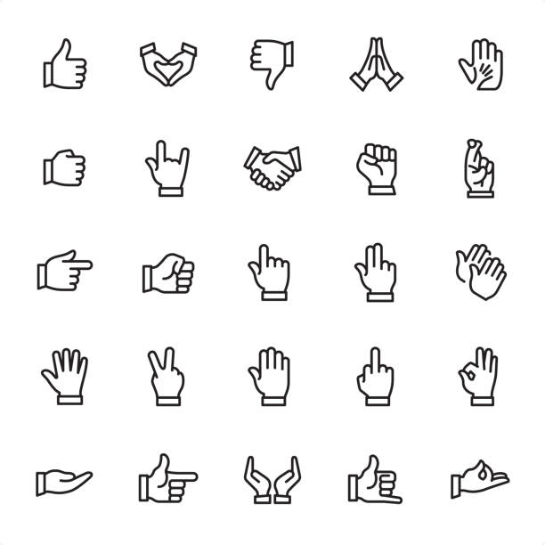 Gestures - Outline Icon Set Gestures - 25 Outline Style - Single black line icons - Pixel Perfect / Pack #XX
Icons are designed in 48x48pх square, outline stroke 2px.

First row of outline icons contains:
Thumbs Up, Love - Emotion, Thumbs Down, Praying, Helping Hand;

Second row contains:
Fist, Horn Sign, Handshake, Protest, Fingers Crossed;

Third row contains:
Gun Sign, Punch, Pointing, Two Fingers Pointing, Clapping;

Fourth row contains:
Palm of Hand, Peace Sign, High Five, Obscene Gesture, Ok Sign;

Fifth row contains:
Receive Hand, Gun Sign, Hands Cupped, Call me Gesture, Zen.

Complete Grandico collection - https://www.istockphoto.com/collaboration/boards/FwH1Zhu0rEuOegMW0JMa_w finger illustrations stock illustrations
