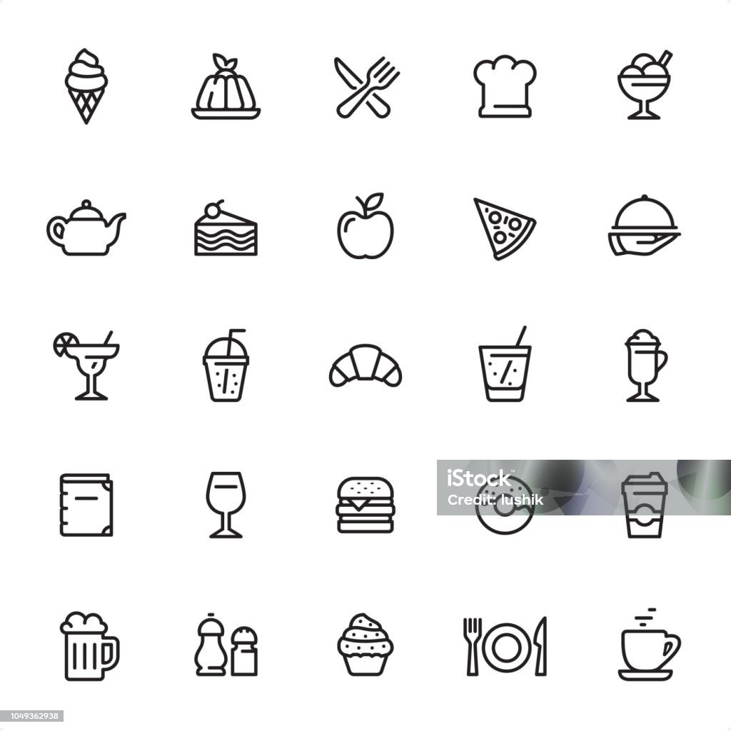 Restaurant - Outline Icon Set Restaurant - 25 Outline Style - Single black line icons - Pixel Perfect / Pack #11
Icons are designed in 48x48pх square, outline stroke 2px.

First row of outline icons contains:
Ice Cream, Panna Cotta, Restaurant, Chef, Dessert;

Second row contains:
Teapot, Cake, Apple, Pizza, Serving Tray;

Third row contains:
Margarita, Lemonade, Croissant, Soda, Latte;

Fourth row contains:
Menu, Wine, Hamburger, Donut, Coffee to Go;

Fifth row contains:
Beer, Spices, Cupcake, Crockery, Coffee.

Complete Grandico collection - https://www.istockphoto.com/collaboration/boards/FwH1Zhu0rEuOegMW0JMa_w Wine stock vector