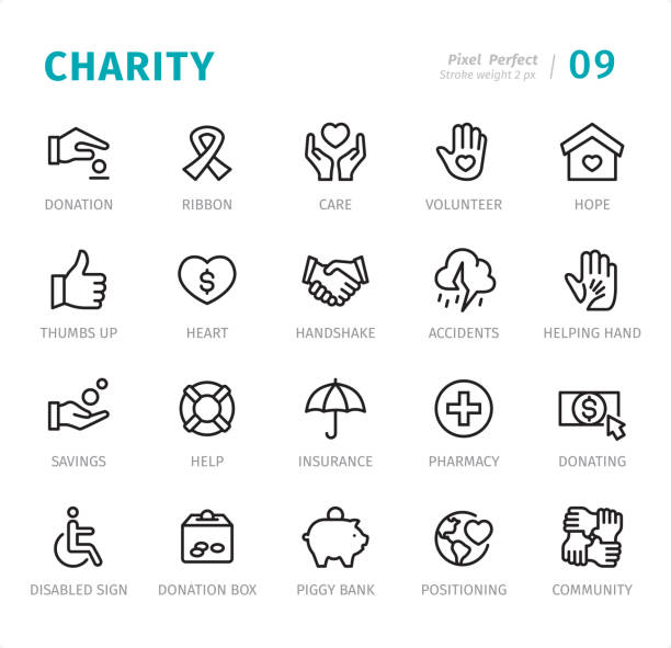 charity - pixel perfect ikony linii z podpisami - umbrella icon stock illustrations