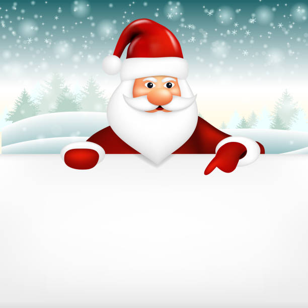 istock Realistic Santa Claus pointing in white blank on winter snowing background. 1049365202