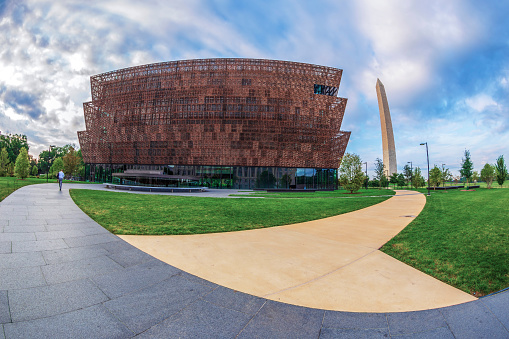 Washington DC: New National Museum of African American History and Culture. Washington obelisk in background.