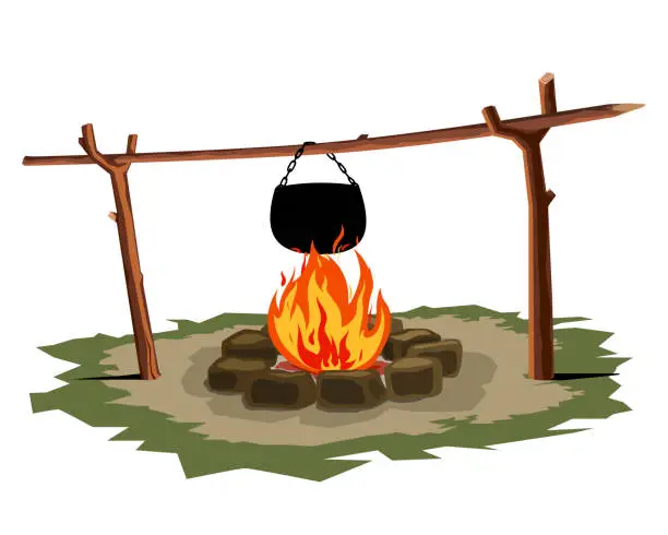 Vector illustration of Camping pot over a bonfire