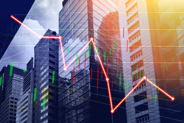 crecimiento del índice de la bolsa que se muestra el gráfico y la tabla de fondo de edificios comerciales (cuadro de oso rojo) - stock market stock ticker board stock market data finance fotografías e imágenes de stock